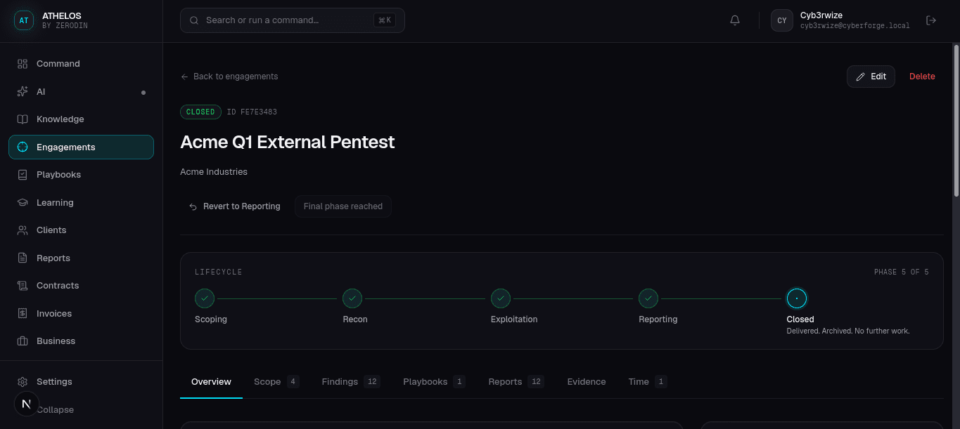 ATHELOS engagement detail page showing scope and findings