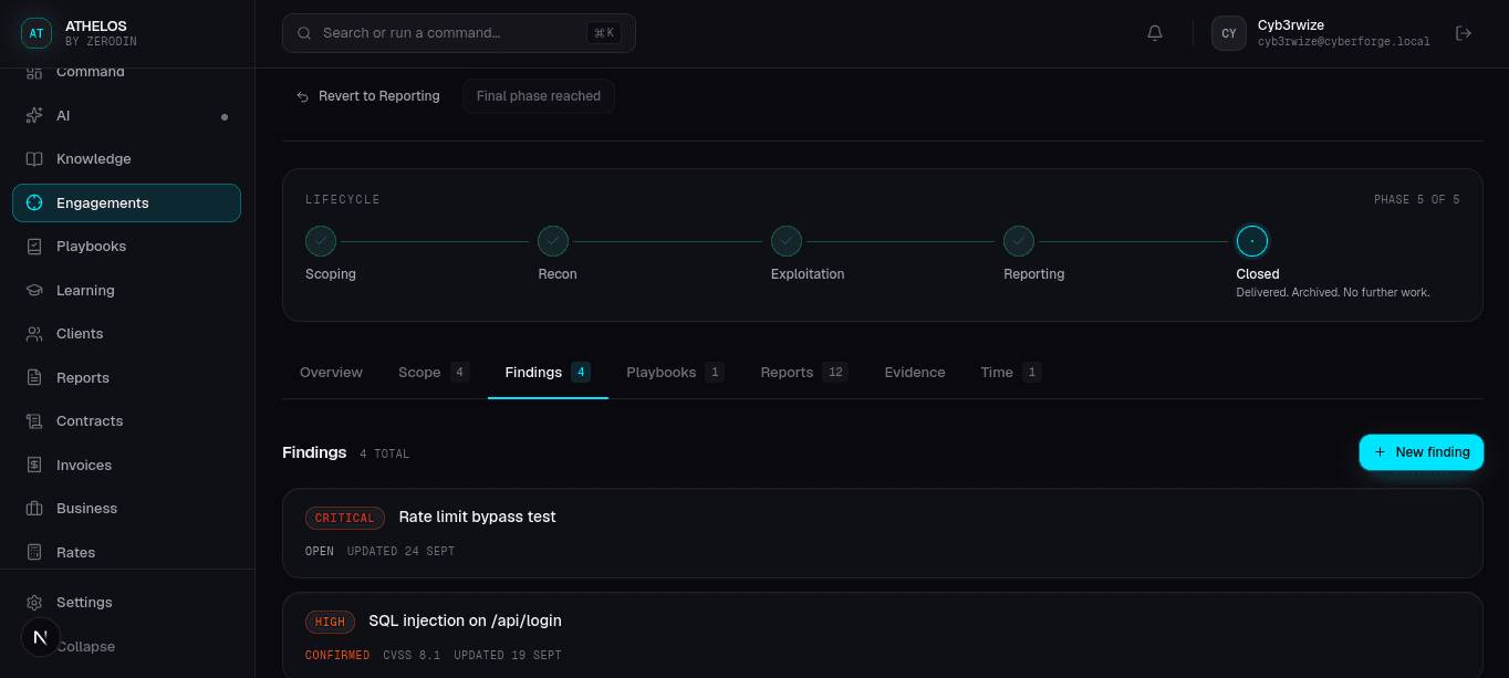 ATHELOS finding detail page showing severity, CVSS, and evidence